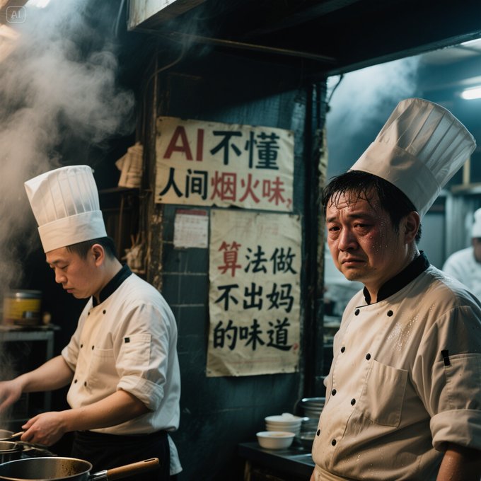 中餐厨师在厨房工作，墙上标语：AI不懂人间烟火味