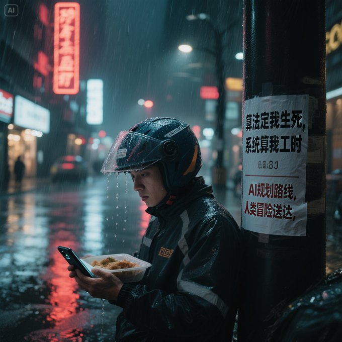 雨夜中的外卖骑手